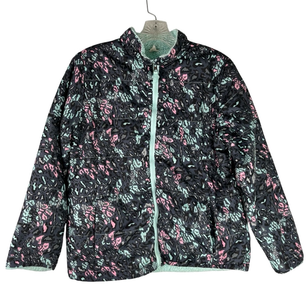 Swiss Tech Jacket Girls Gray Pink Blue XL 14/16 Animal Print Lightweight Zip Up